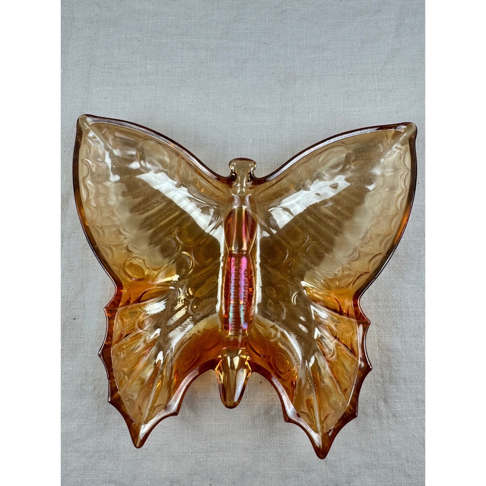 Vintage Marigold Carnival Glass Butterfly Trinket Dish Iridescent Amber 8 inch